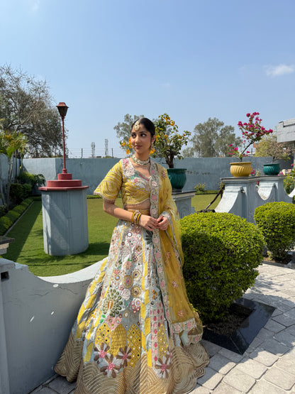 Antique Gold Floral Embroidered Bridal Lehenga Set