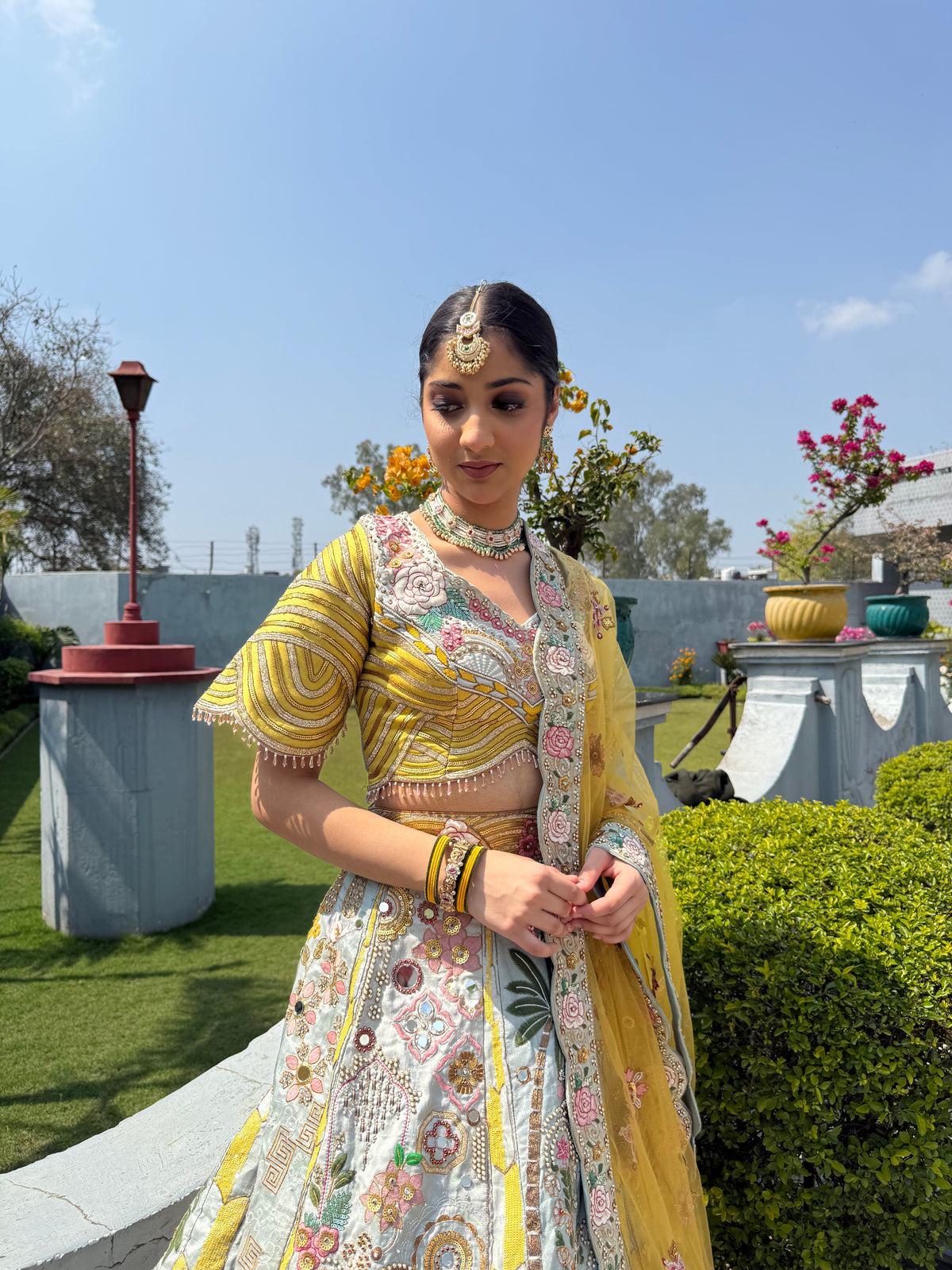 Antique Gold Floral Embroidered Bridal Lehenga Set