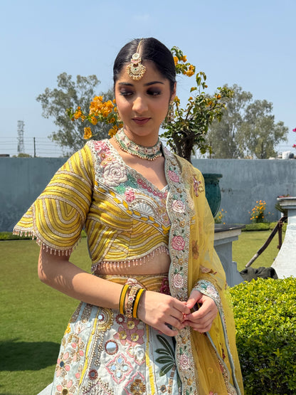 Antique Gold Floral Embroidered Bridal Lehenga Set