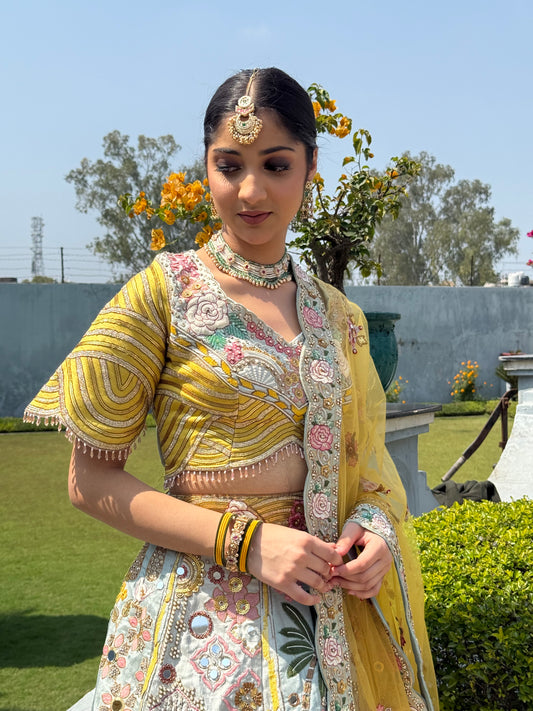 Antique Gold Floral Embroidered Bridal Lehenga Set