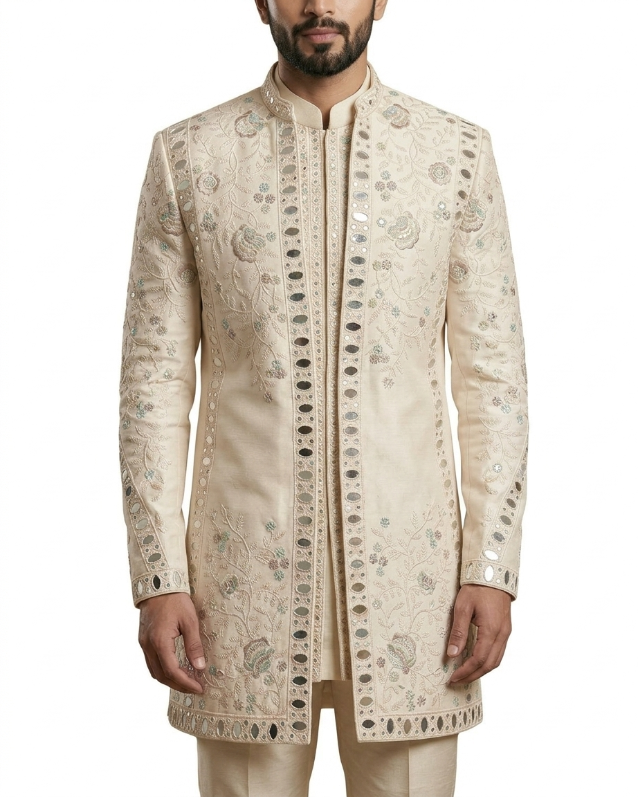 Ivory Floral Embroidered Sherwani Set