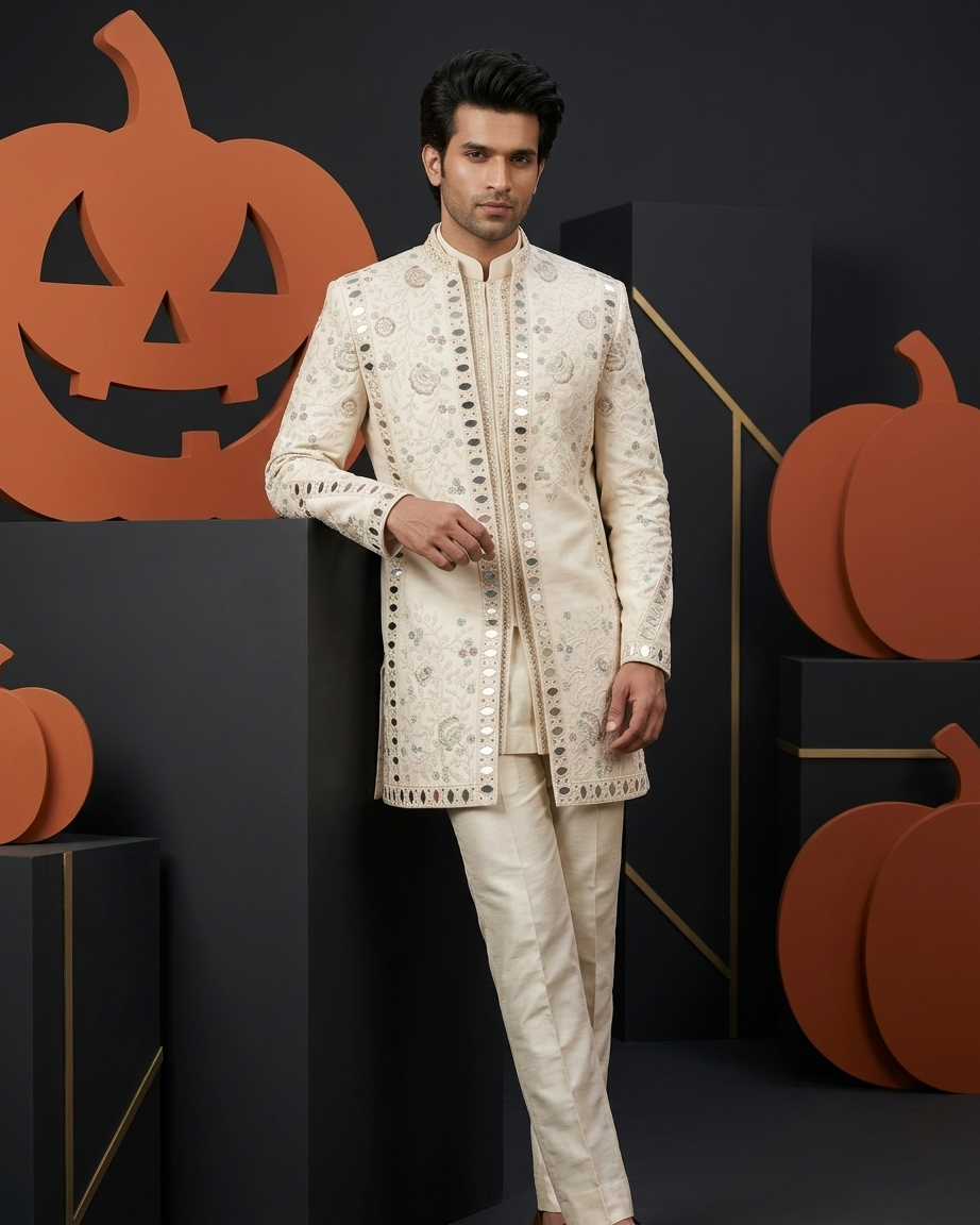 Ivory Floral Embroidered Sherwani Set