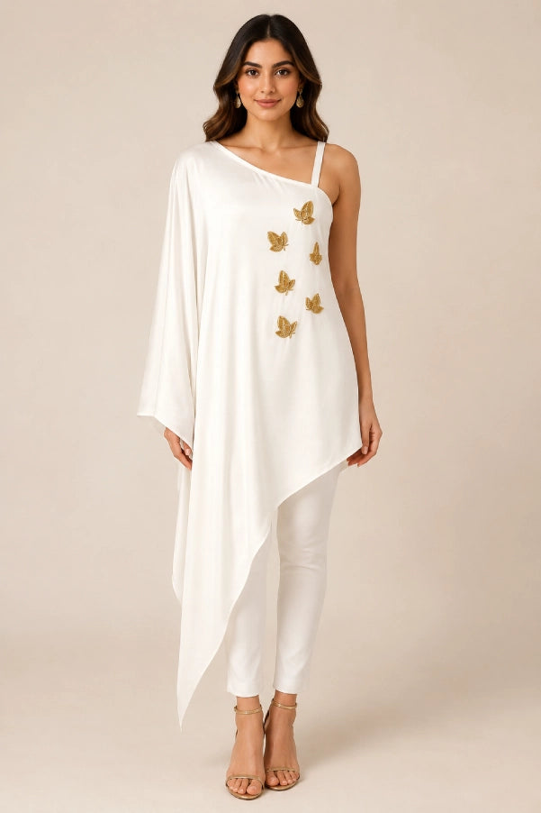 Ivory One-Shoulder Embellished Top Front View by Fashiyano