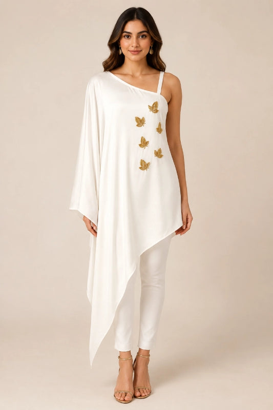 Ivory One-Shoulder Embellished Top Front View by Fashiyano