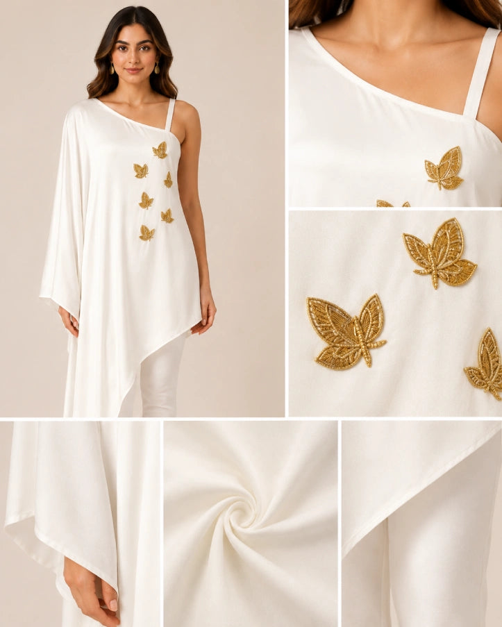 Ivory One-Shoulder Embellished Top Zoom View by Fashiyano