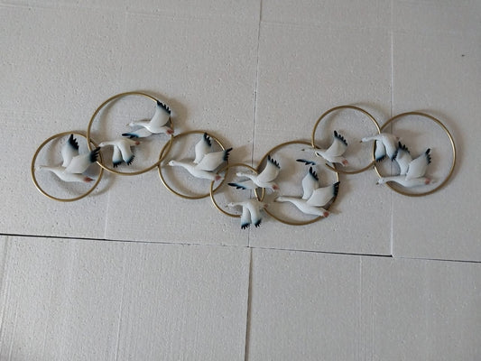 Multicolour Flying Birds with Golden Rings Wall Décor