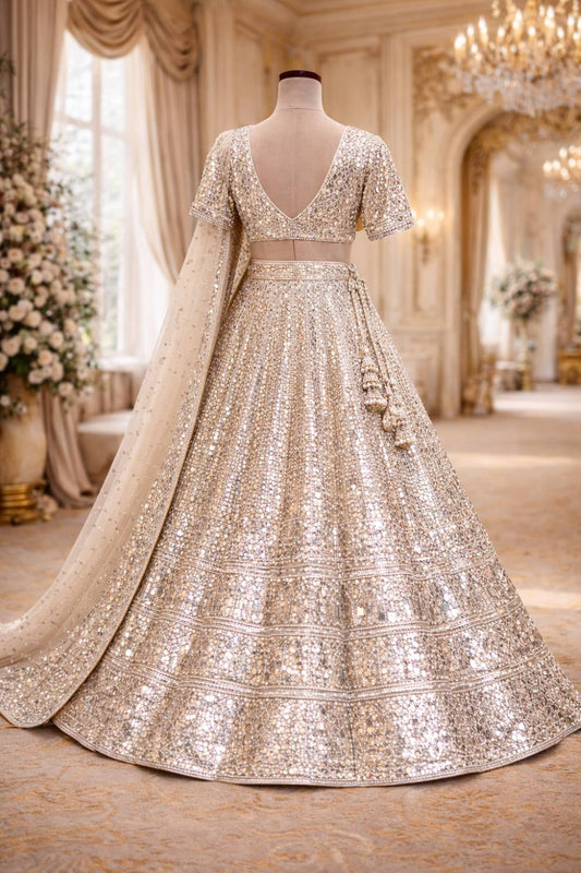 Stunning Fashiyano bridal lehenga featuring hand-placed mirror work (Abbal) and intricate silver zari embroidery for a high-shimmer wedding look.