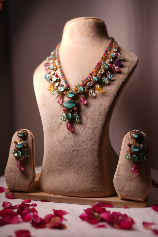 Multi-strand turquoise and pink gemstone necklace