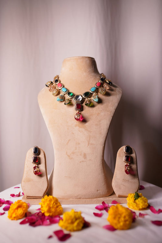 Multicolor Kundan choker necklace set with antique gold finish