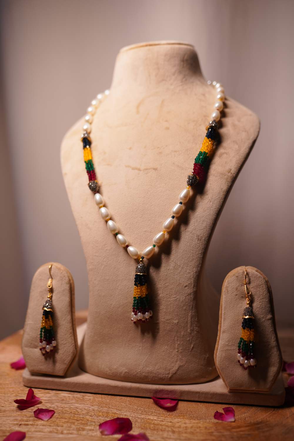 Multicolor pearl mala set with gemstone tassel pendant