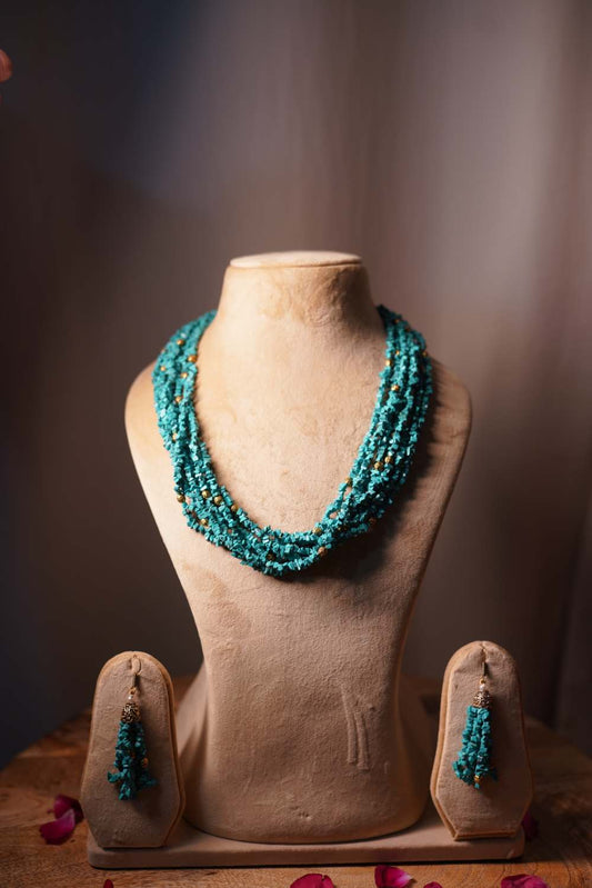 Natural turquoise beaded mala set with matching earrings