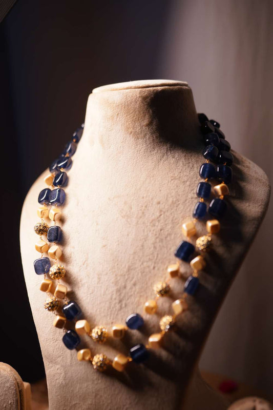 Navy Golden Mala with blue gemstone beads and pearl accents