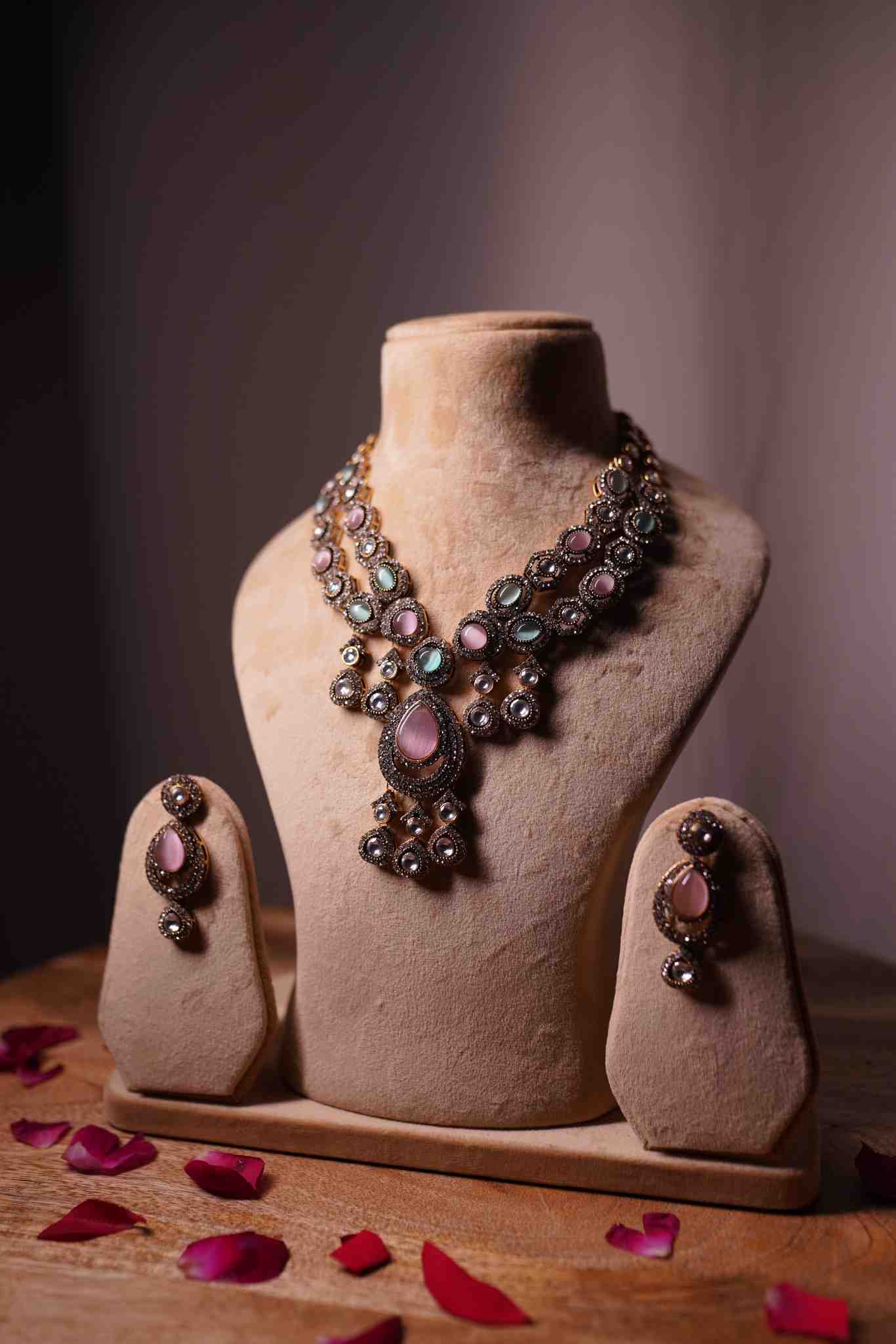 Oxidized multi-strand necklace set with pastel gemstones