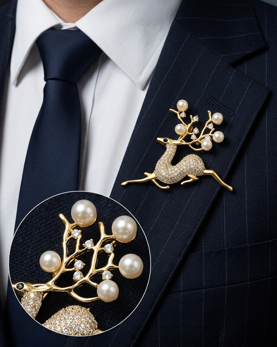 Pearl Stag Crystal Brooch