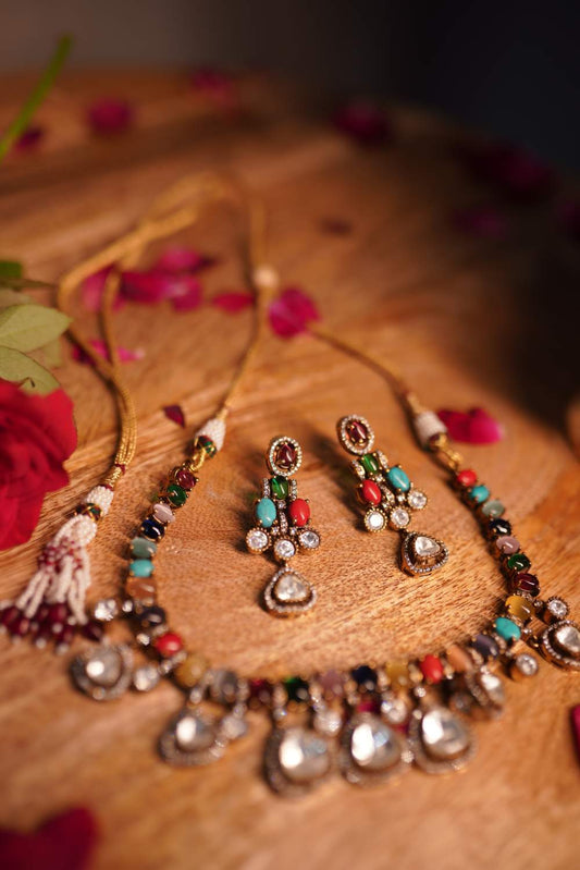 Rainbow gemstone necklace set with matching earrings
