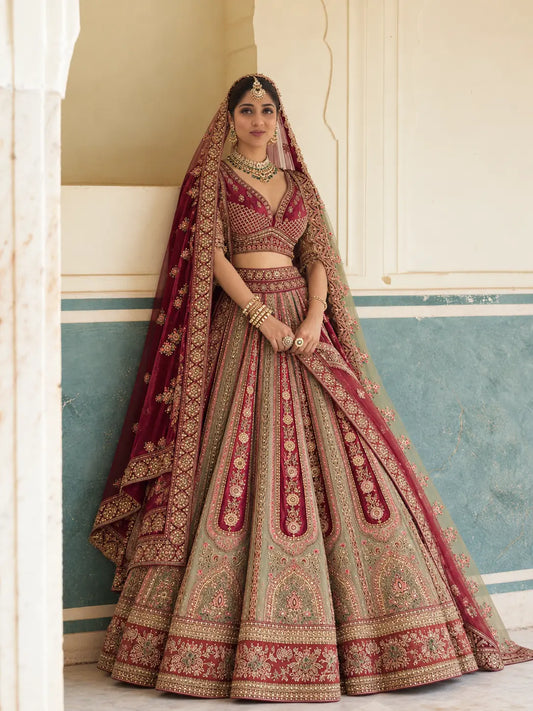 Royal Maroon & Antique Beige Embroidered Bridal Lehenga Set