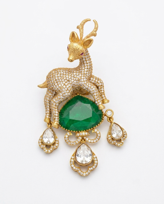 Royal Emerald Kundan Stag Brooch