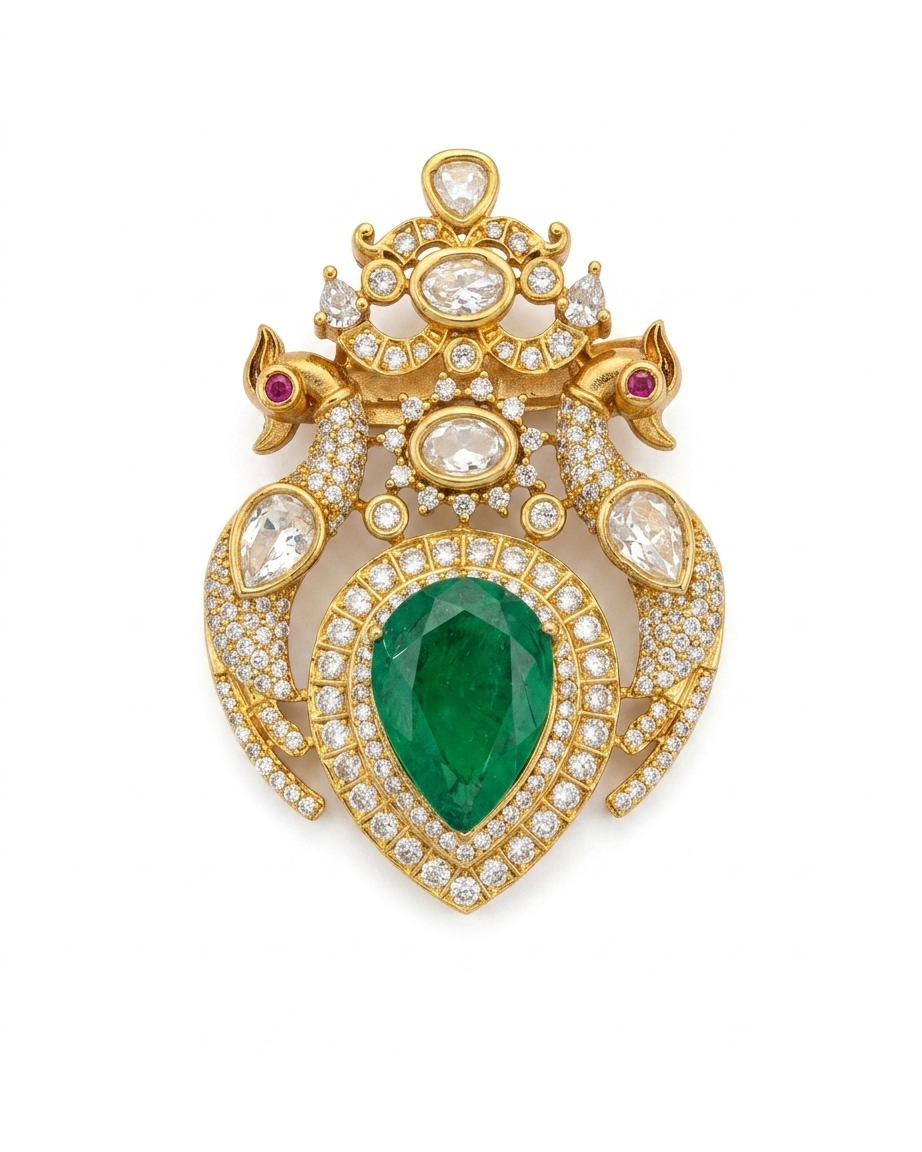 Royal Emerald Peacock Kundan Brooch