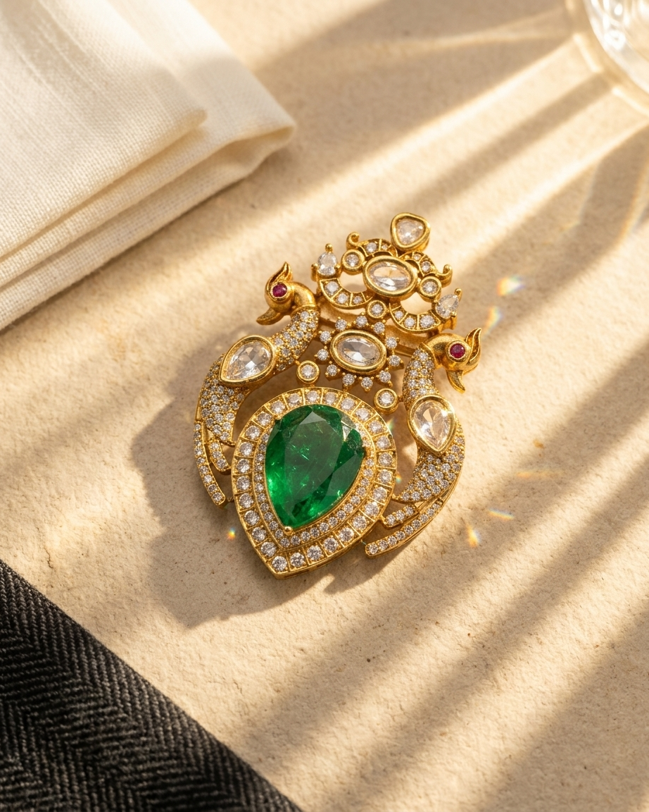 Royal Emerald Peacock Kundan Brooch