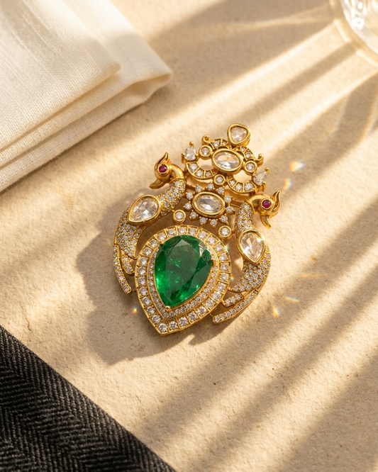 Royal Emerald Peacock Kundan Brooch