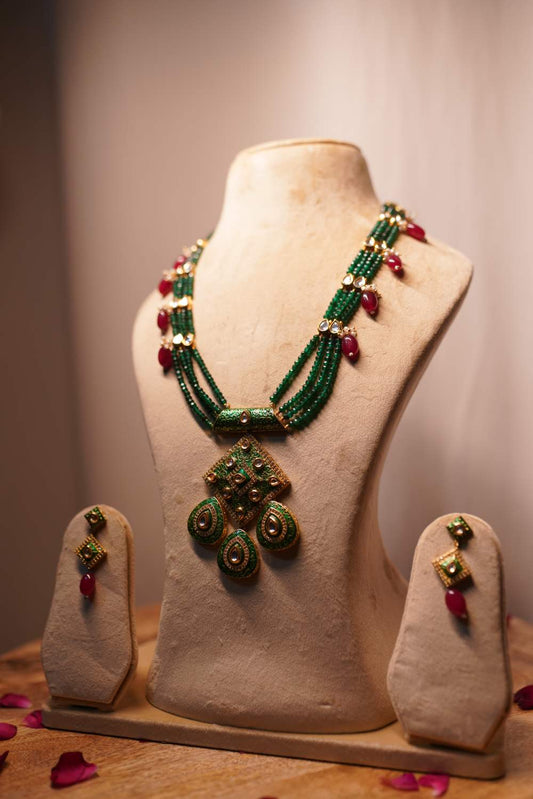 Royal Emerald Kundan Mala Set with Meenakari pendant