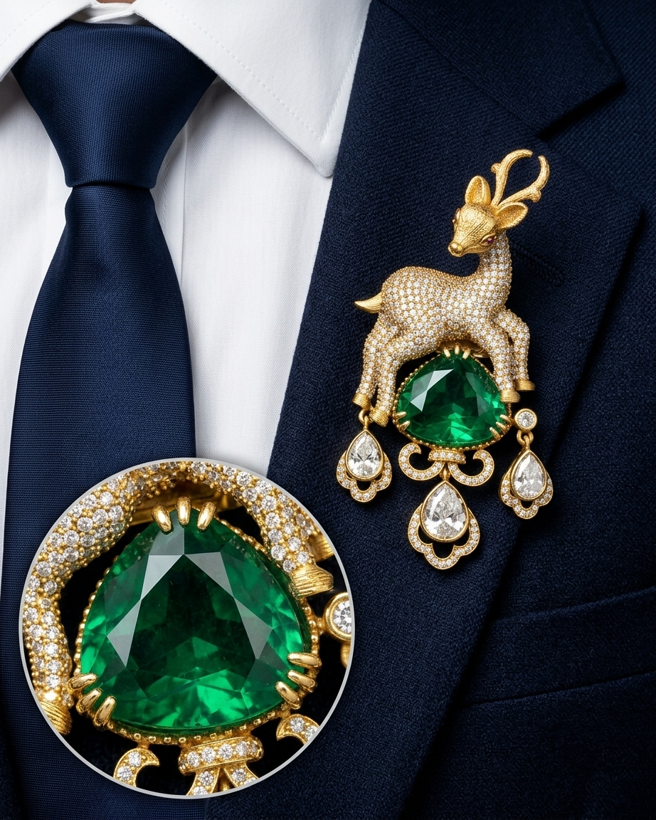Royal Emerald Kundan Stag Brooch
