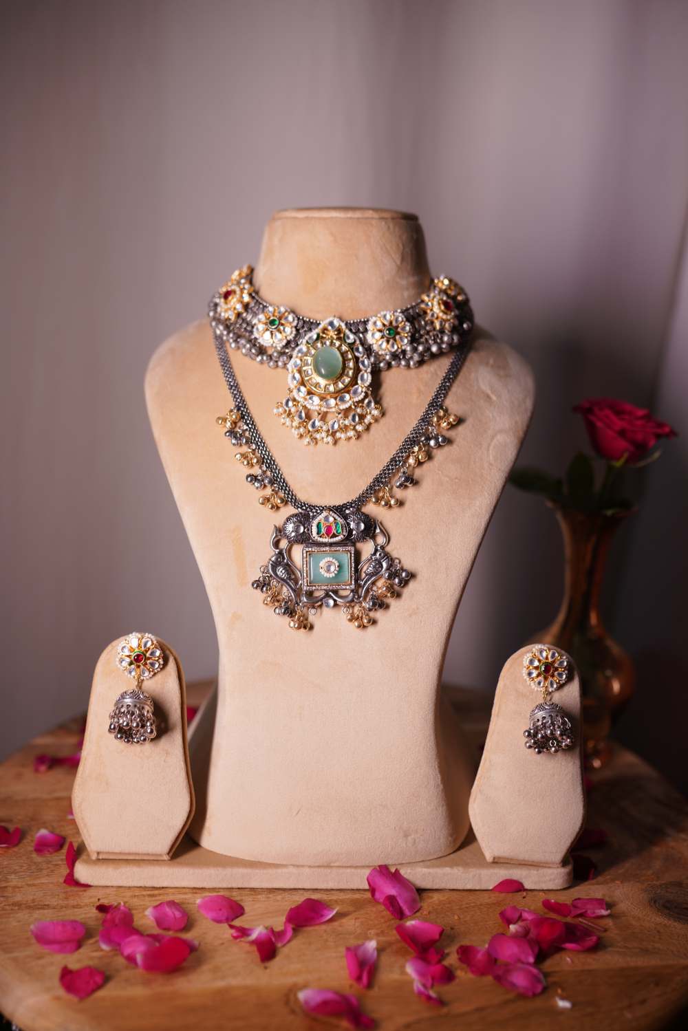 Royal Heritage layered oxidized necklace set with gemstone embellishments