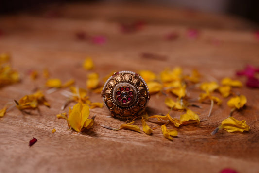 Ruby flower ring with antique gold finish