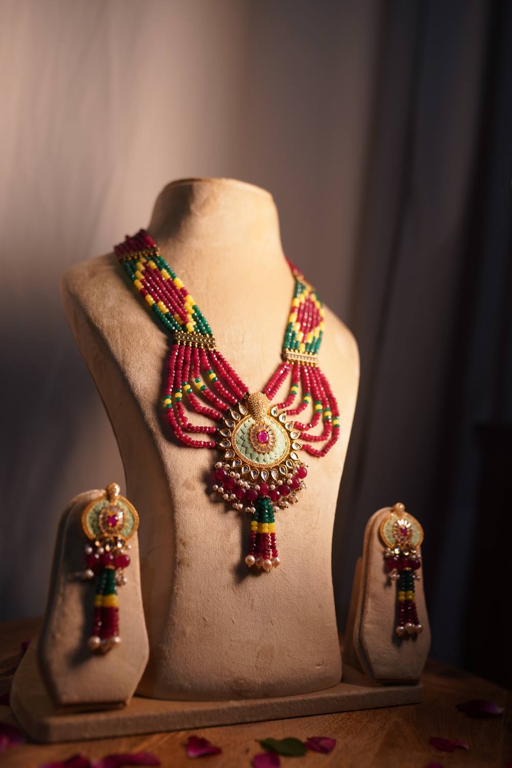 Ruby red beads with antique gold Kundan pendant