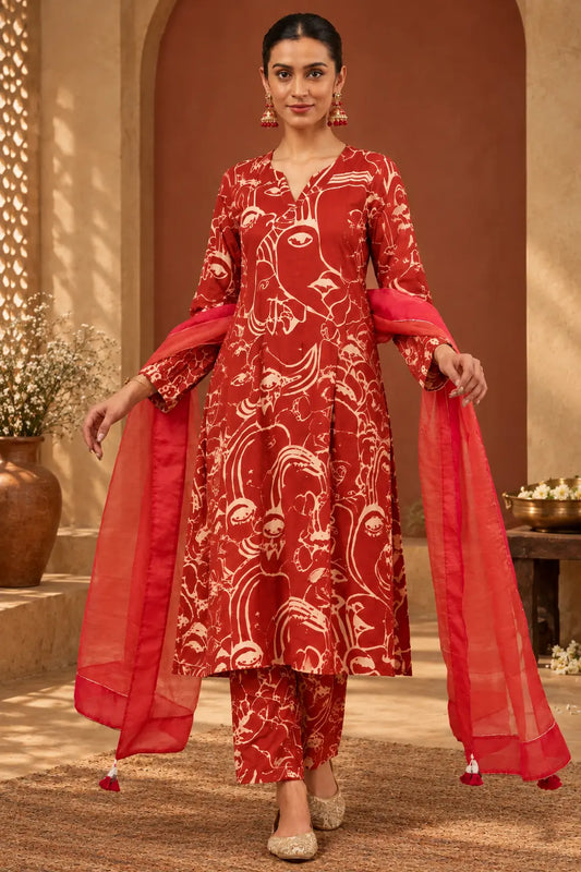 Aira Rust Abstract Print Kurta Set