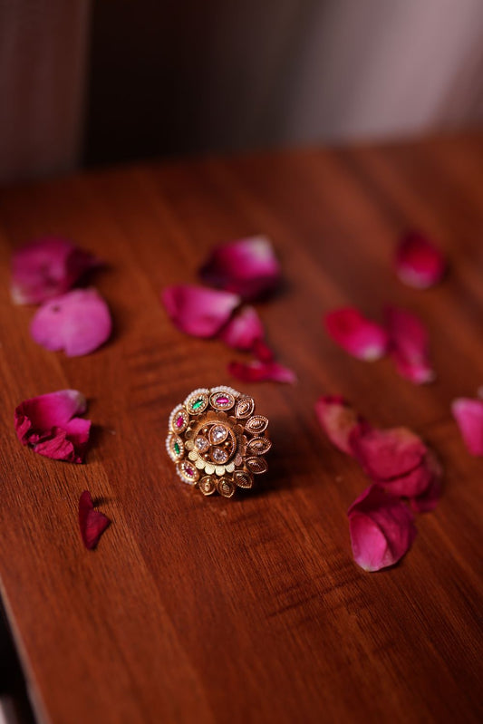Traditional Kundan stone ring with floral design