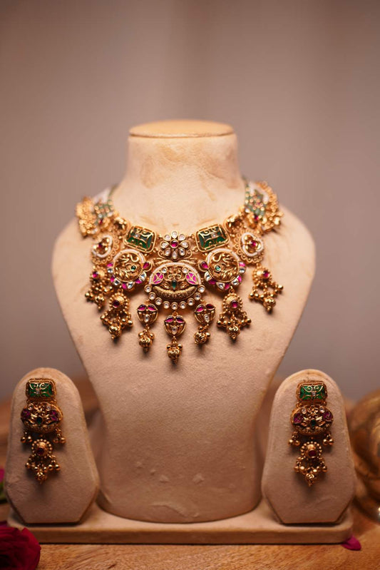 Traditional temple jewellery necklace with ruby emerald stone accents