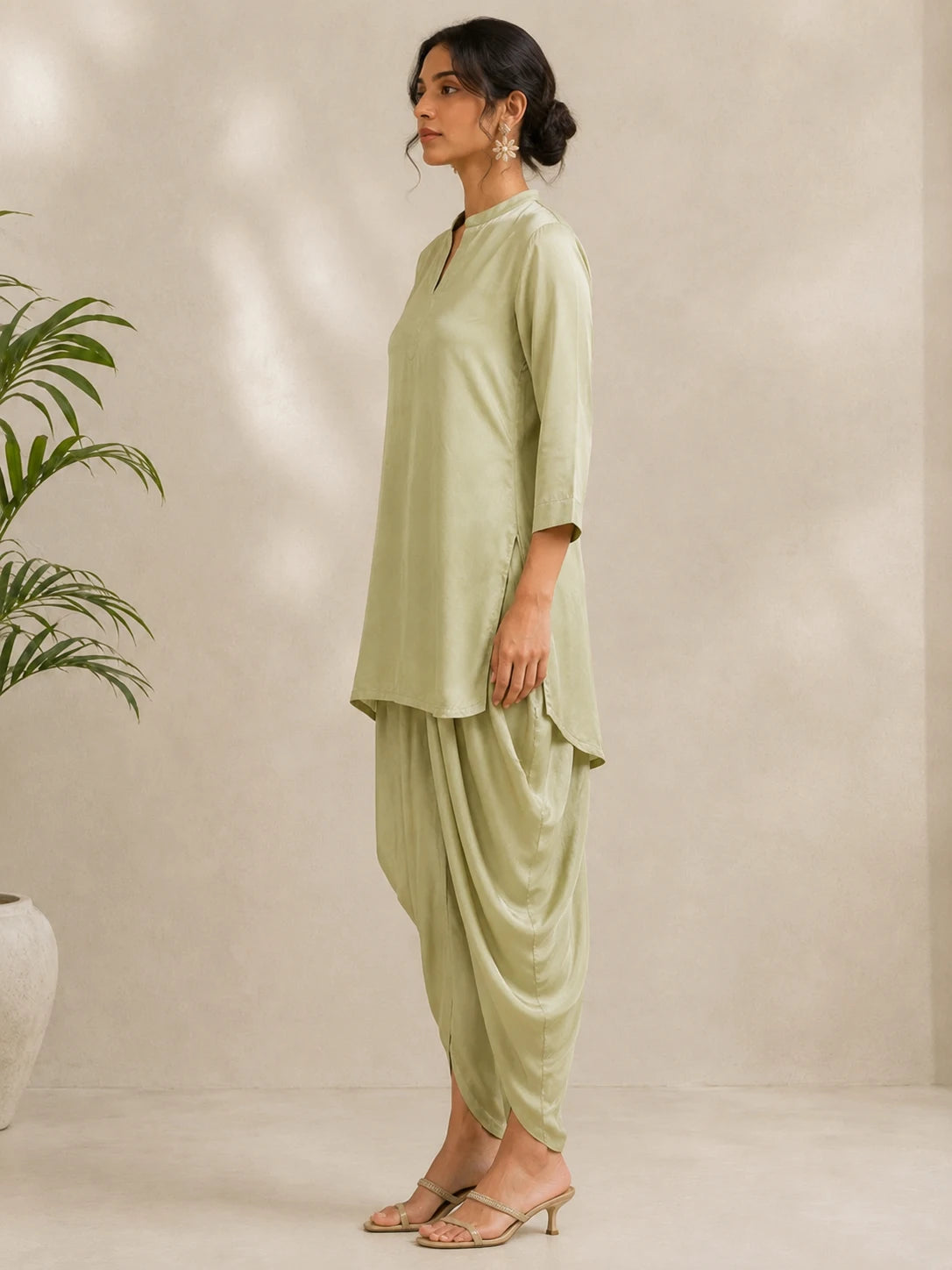 Tulip Draped Pants Side View – Women's Premium Crepe Draped Bottom by Fashiyano