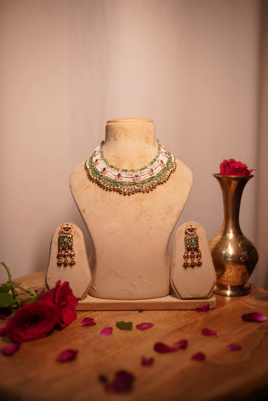 Yadi Pearl Gemstone Necklace Set with antique gold finish