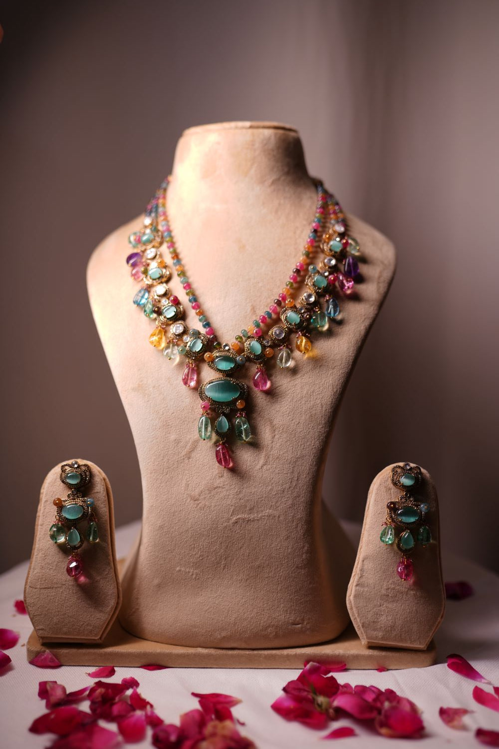 Yadi multi-strand gemstone necklace set with turquoise and pink accents