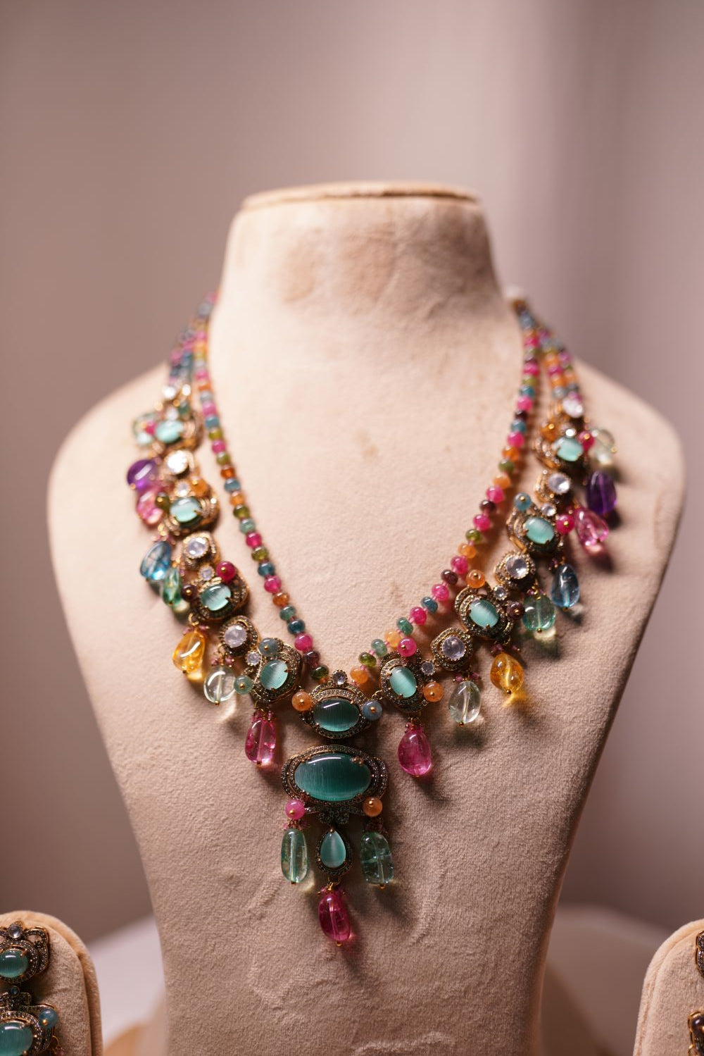 Yadi multi-strand necklace with turquoise and pink gemstone beads