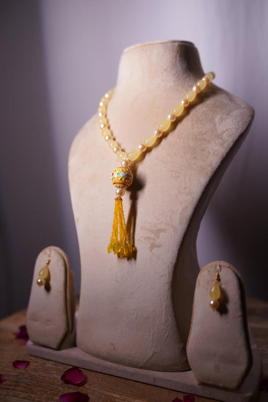 Yellow jade mala set with meenakari pendant