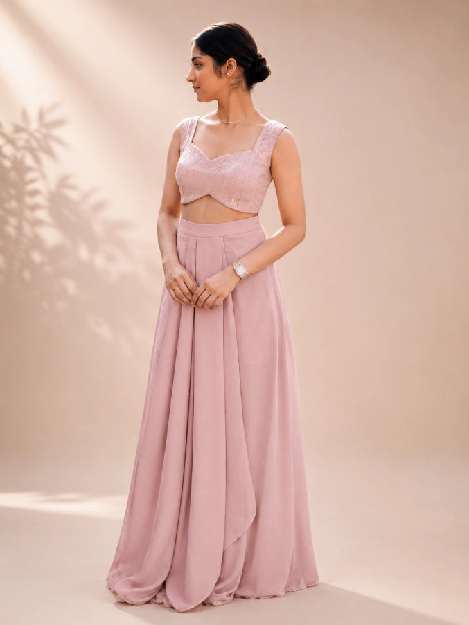 Fashiyano's Zeva Blush Sequin Drape Set in elegant blush pink with shimmering sequin embroidery.