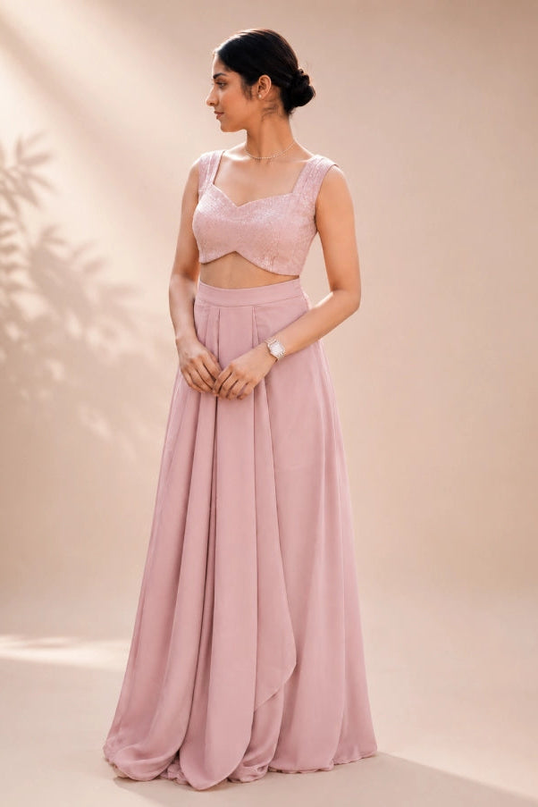 Fashiyano's Zeva Blush Sequin Drape Set in elegant blush pink with shimmering sequin embroidery.