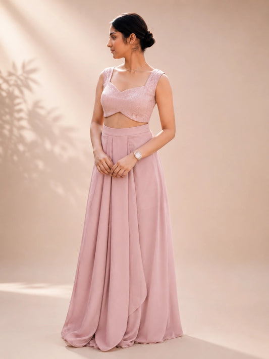 Fashiyano's Zeva Blush Sequin Drape Set in elegant blush pink with shimmering sequin embroidery.