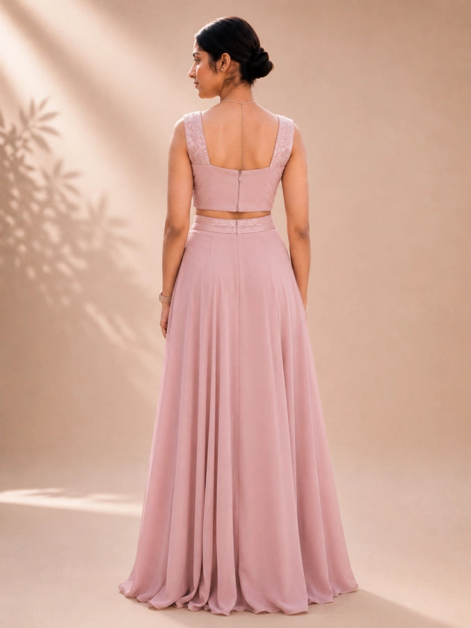 Back view of Fashiyano's Zeva Blush Sequin Drape Set showing the elegant drape and clean fit.