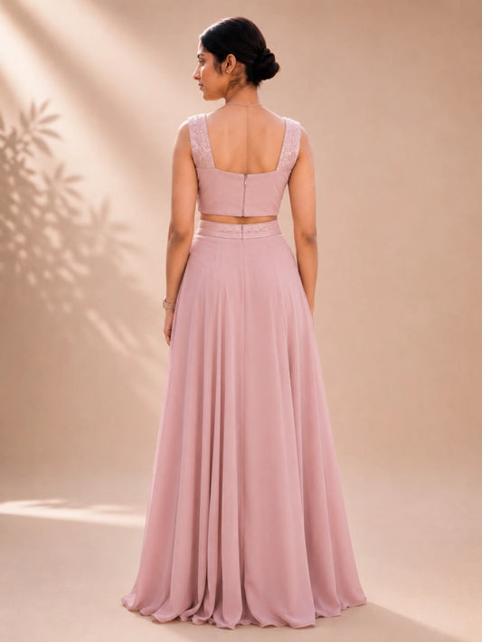 Back view of Fashiyano's Zeva Blush Sequin Drape Set showing the elegant drape and clean fit.
