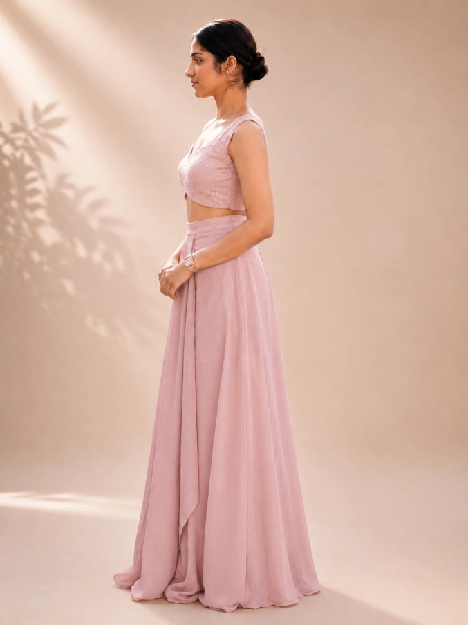 Side view of Fashiyano's Zeva Blush Sequin Drape Set showing the graceful silhouette and modern drape style.