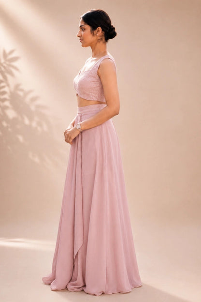 Side view of Fashiyano's Zeva Blush Sequin Drape Set showing the graceful silhouette and modern drape style.