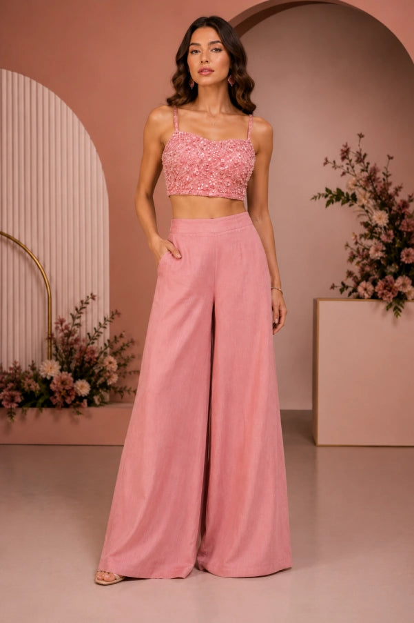 Front view of Fashiyano's Zeva Embellished Bustier and Palazzo Set highlighting the detailed hand-embellished top and wide-leg design.