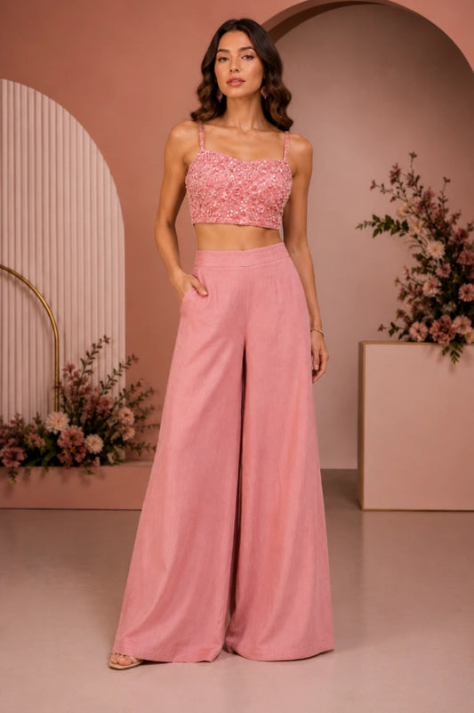Front view of Fashiyano's Zeva Embellished Bustier and Palazzo Set highlighting the detailed hand-embellished top and wide-leg design.