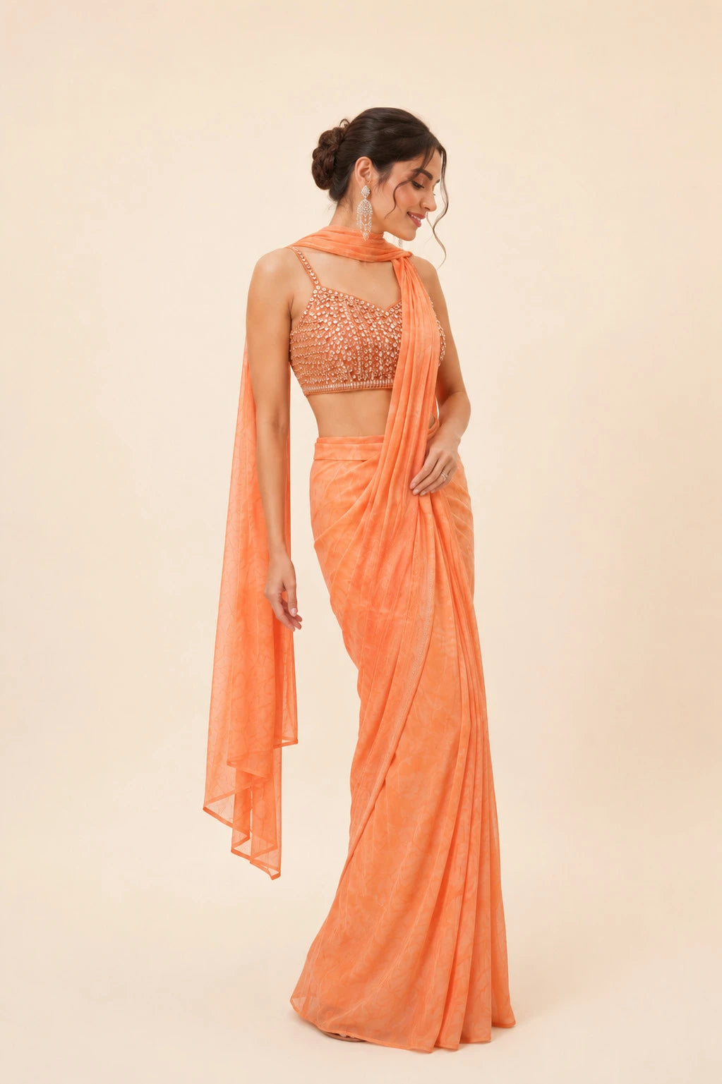 Zeva Peach Chiffon Pre Draped Saree Side View by Fashiyano