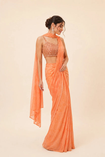 Zeva Peach Chiffon Pre Draped Saree Side View by Fashiyano
