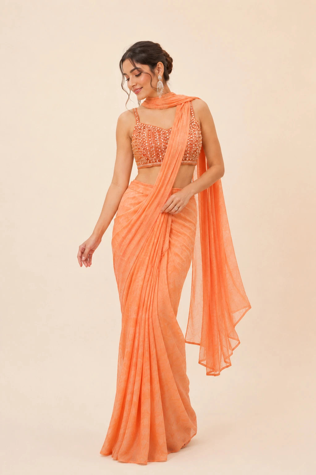 Zeva Peach Chiffon Pre Draped Saree Front View by Fashiyano