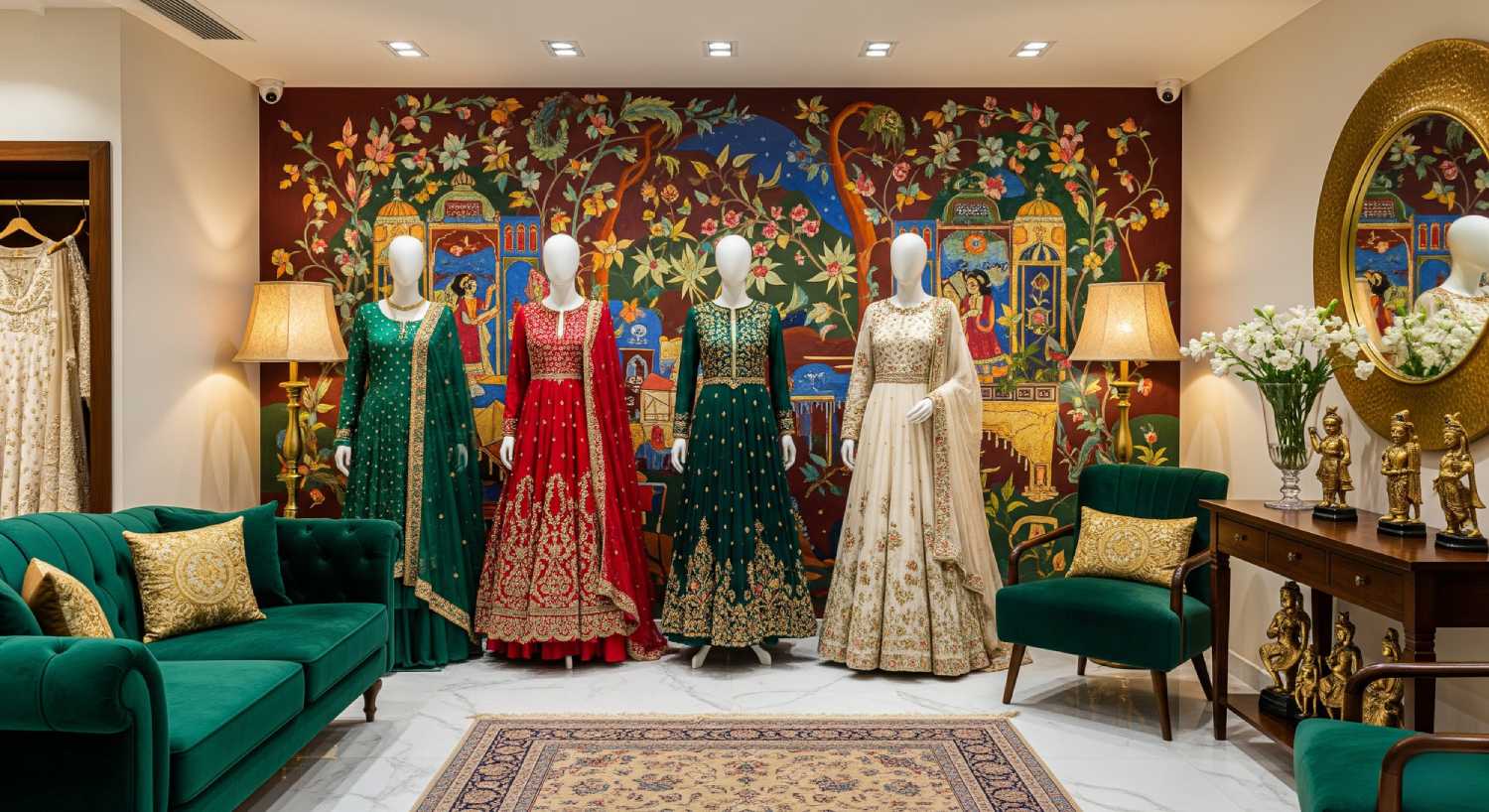 The grand entrance of the Fashiyano store, showcasing a luxury boutique interior with curated displays of designer lehengas and bridal jewelry.